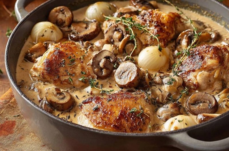 Hähnchenschenkel mit Pilzen und Perlzwiebeln