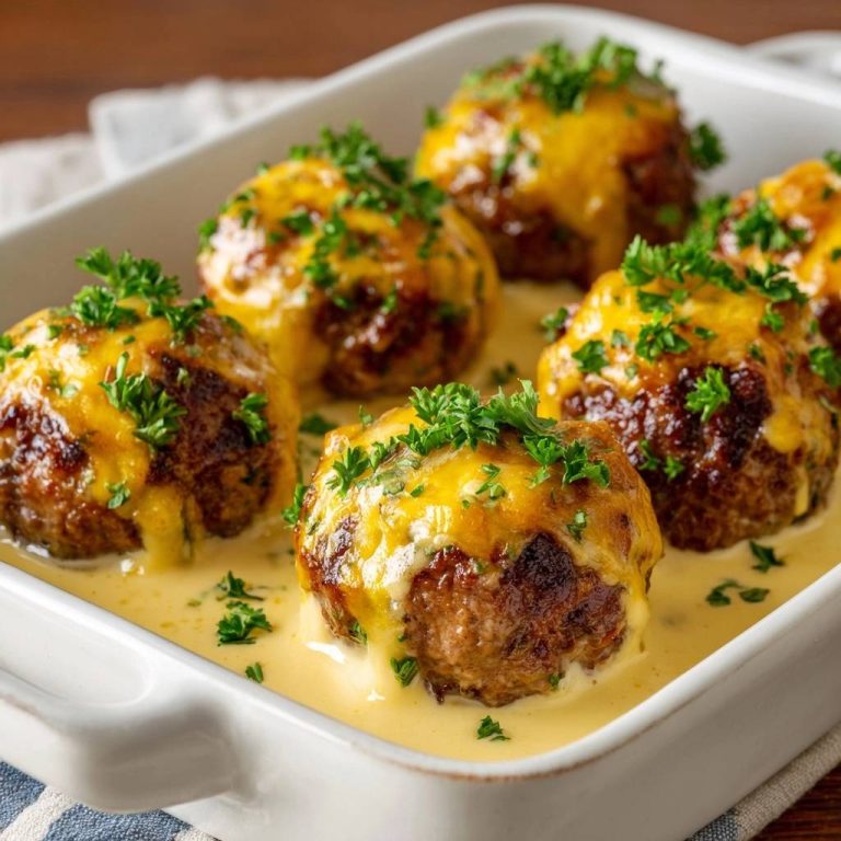 Käseüberbackene Fleischbällchen in Sahnesoße – saftig!