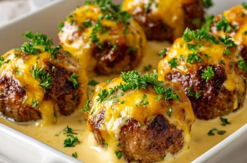 Käseüberbackene Fleischbällchen in Sahnesoße