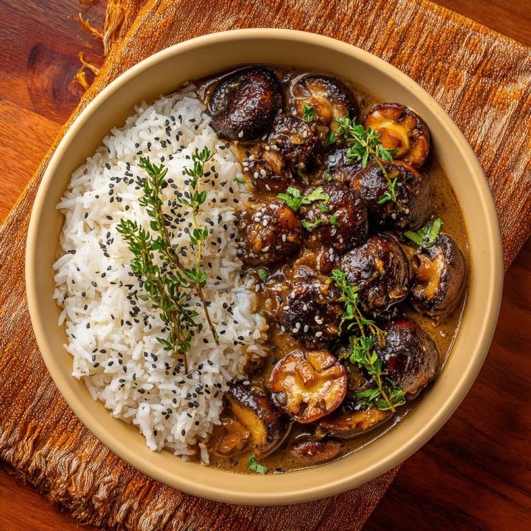 Knackige Pilze in glänzender Soße auf Reis