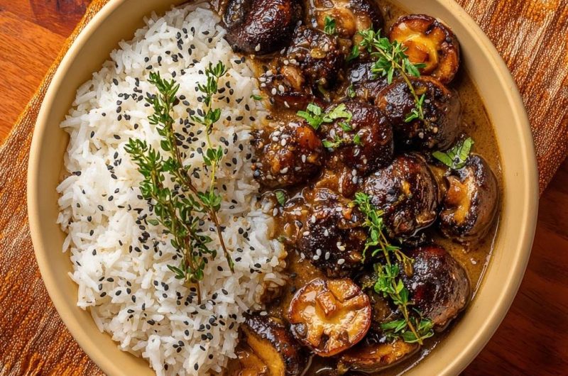 Knackige Pilze in glänzender Soße auf Reis