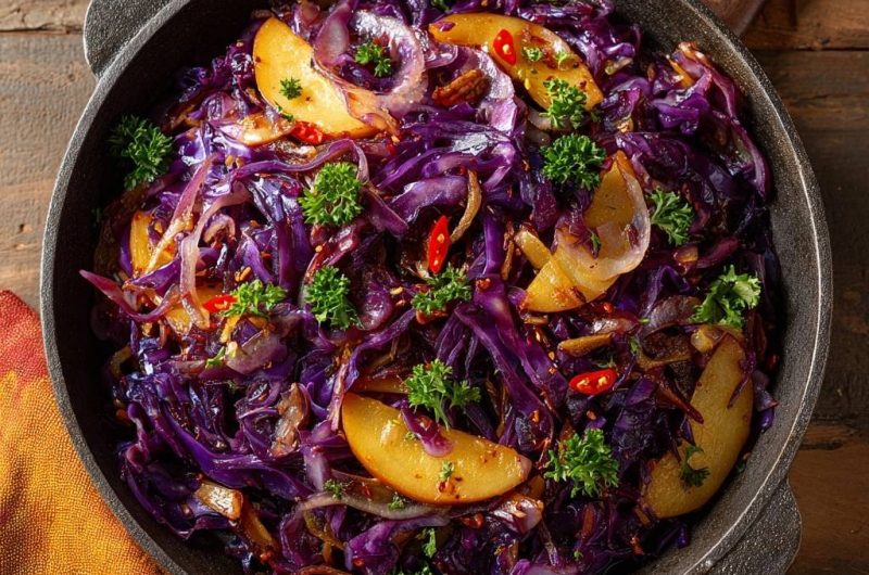 Knackiger Rotkohl mit Äpfeln, Zwiebeln und Chili (Nie wieder matschiger Rotkohl!)