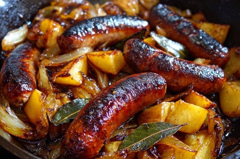 Knusprige Bratwurst mit Zwiebeln und Bratkartoffeln