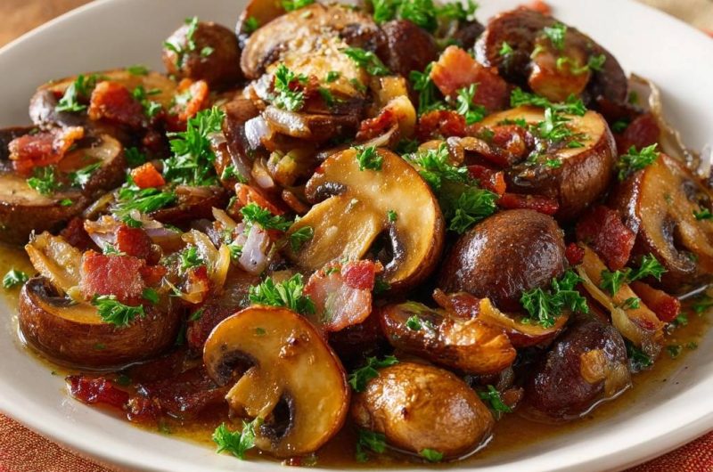 Knusprige Champignons mit Speck und Zwiebeln