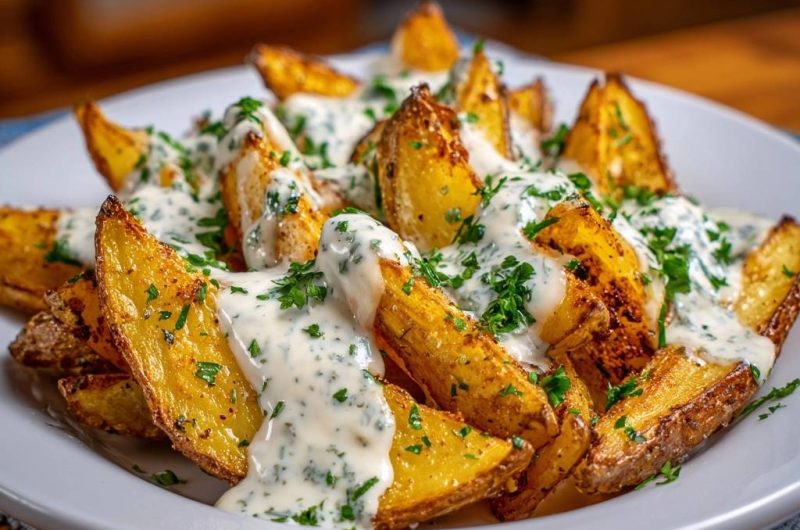 Knusprige Kartoffelspalten mit Kräutersauce