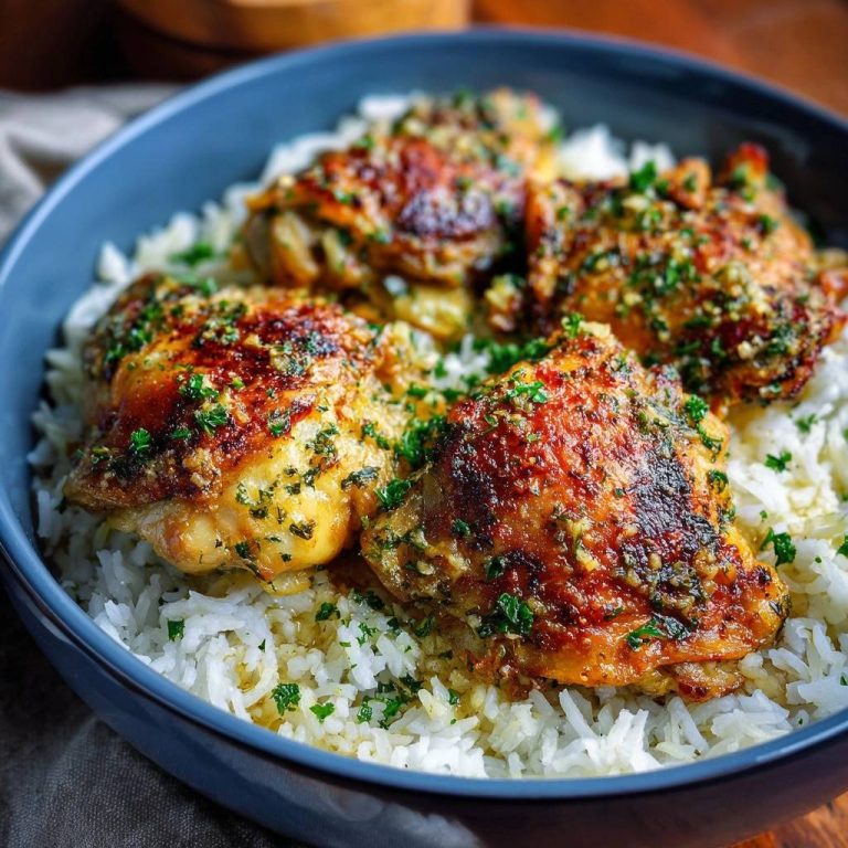 Knusprige Knoblauch-Hähnchenschenkel auf Reis