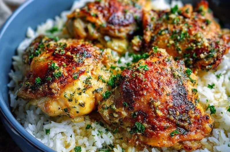 Knusprige Knoblauch-Honig-Hähnchenschenkel auf Reis