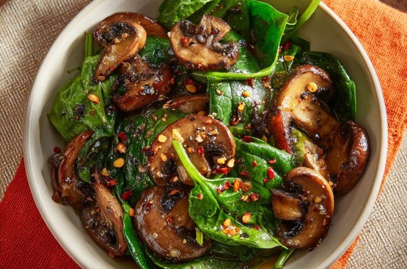 Knusprige Pilze mit Spinat und Chili (Nie wieder wässrige Pilze!)