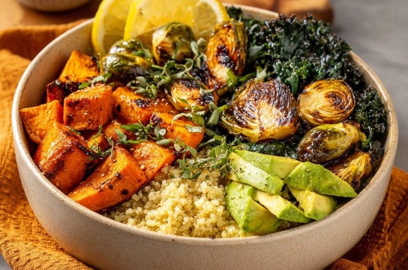 Knusprige Süßkartoffel-Rosenkohl-Bowl