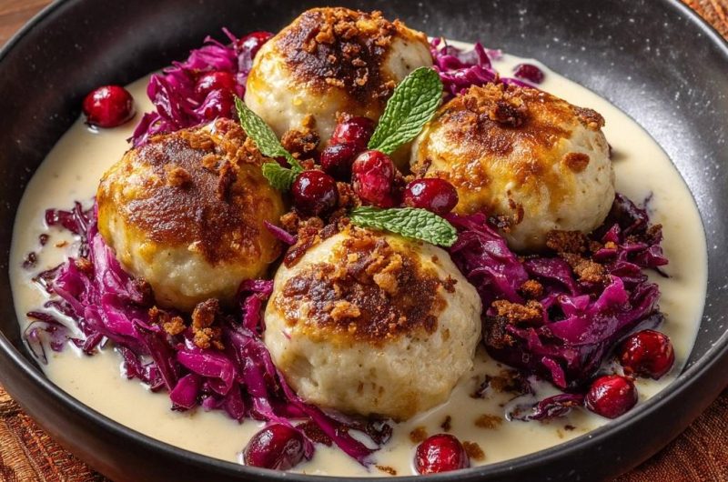 Knusprige Semmelknödel mit Rotkohl und Preiselbeer-Sahnesoße