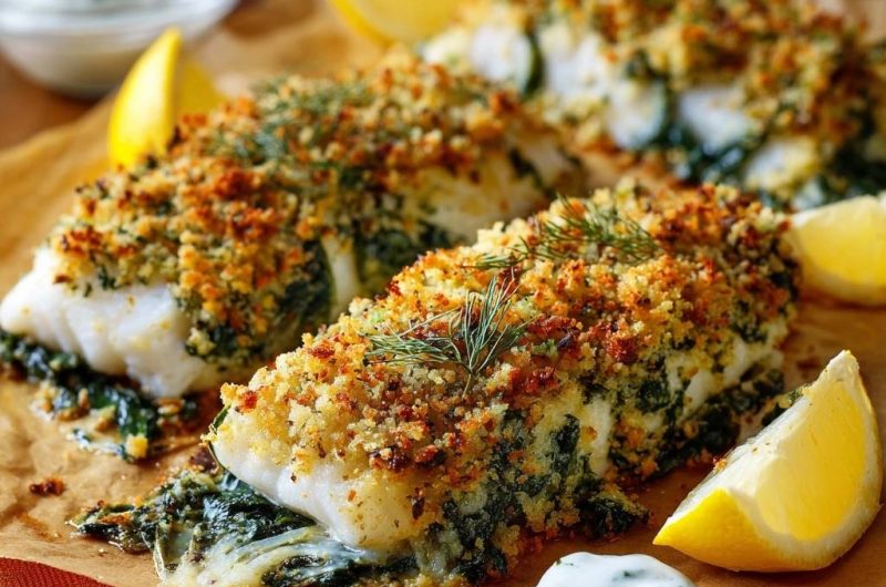 Knuspriger Dill-Fisch auf Spinatbett