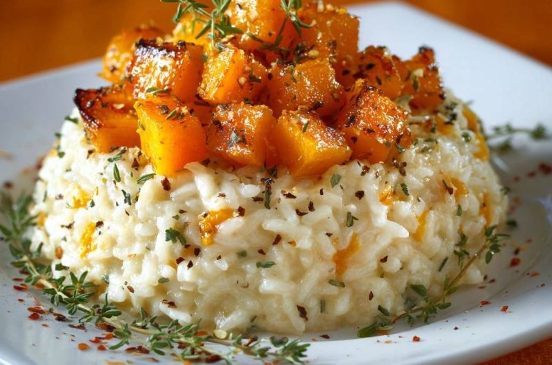 Knuspriger Kürbis auf cremigem Thymianreis
