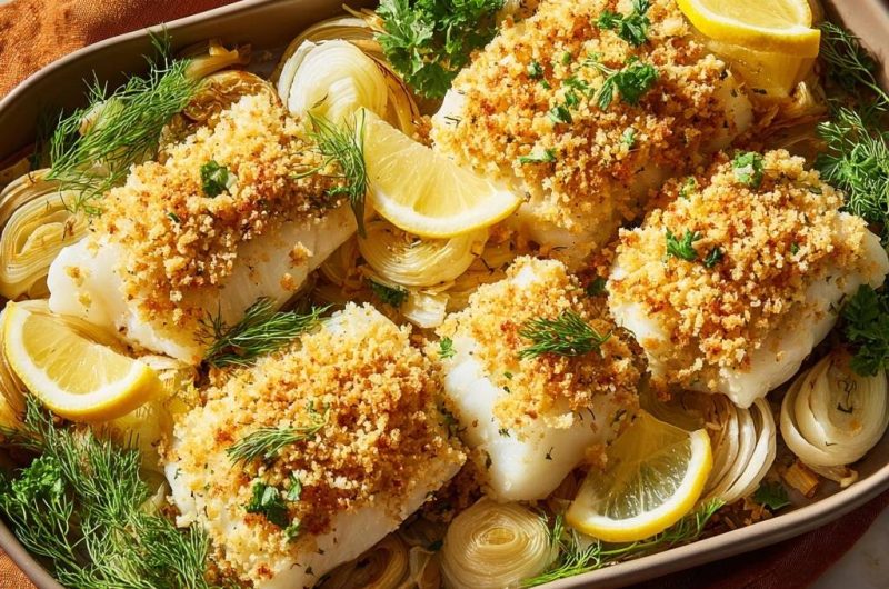 Knuspriger Kabeljau auf Fenchelbett