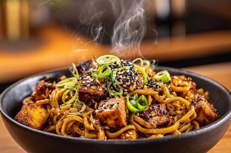 Knuspriger Sesam-Tofu mit Udon-Nudeln