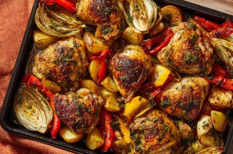 Knuspriges Hähnchenblech mit Paprika, Kartoffeln und Fenchel