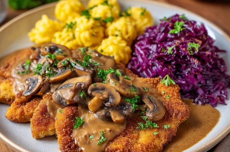 Knuspriges Hähnchenschnitzel mit Pilzrahm, Spätzle und Rotkraut