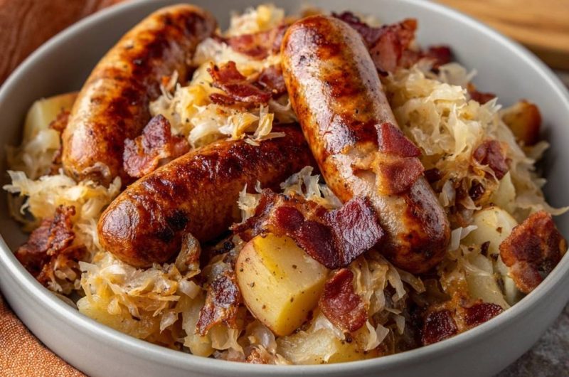 Knuspriges Sauerkraut mit Würstchen, Kartoffeln & Bacon