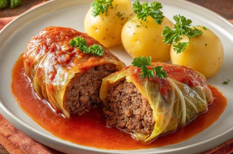 Kohlrouladen mit Tomatensoße und Salzkartoffeln