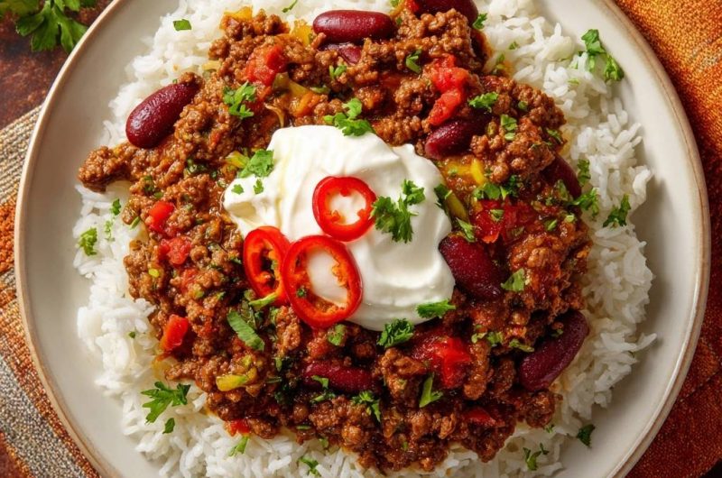 Krümeliges Chili mit Bohnen & Reis