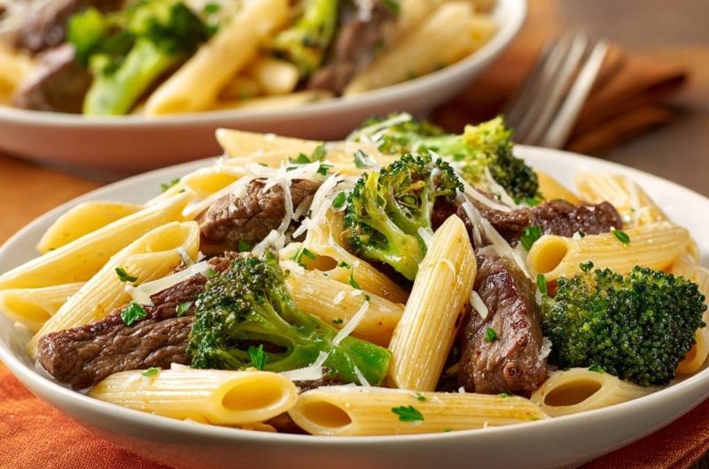 Penne mit saftigem Rindfleisch und Brokkoli