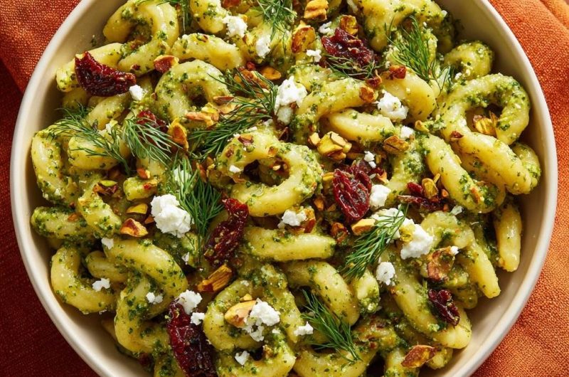 Pistazien-Pesto-Fusilli mit Feta, Tomaten und Dill (Nie wieder öliges Pesto!)