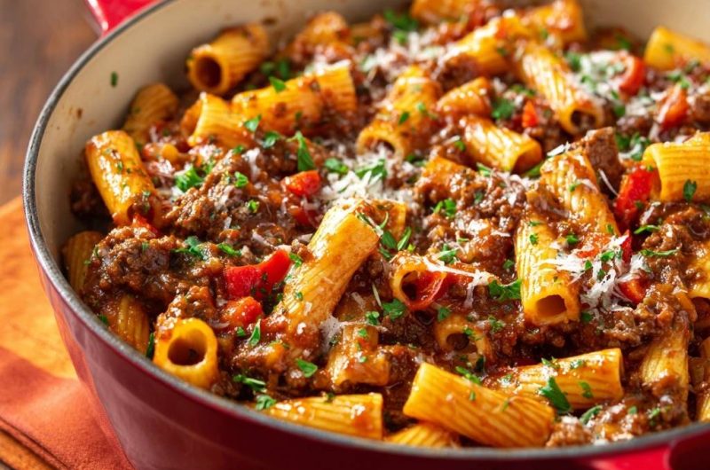 Rigatoni mit saftiger Paprika-Hack-Soße
