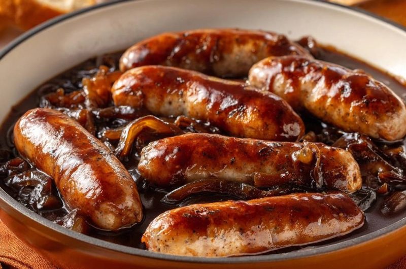 Saftige Bratwürstchen in Zwiebelsoße mit Kartoffelpüree