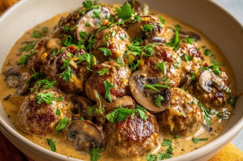 Saftige Fleischbällchen in cremiger Pilzsoße