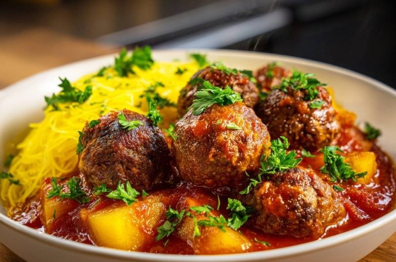 Saftige Fleischbällchen mit Safrannudeln