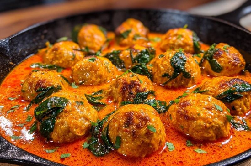 Saftige Hähnchenfleischbällchen im Thai-Rotcurry mit Spinat