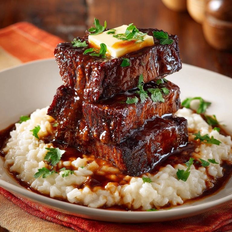Saftige glasierte Rinderrippen auf cremigem Reis