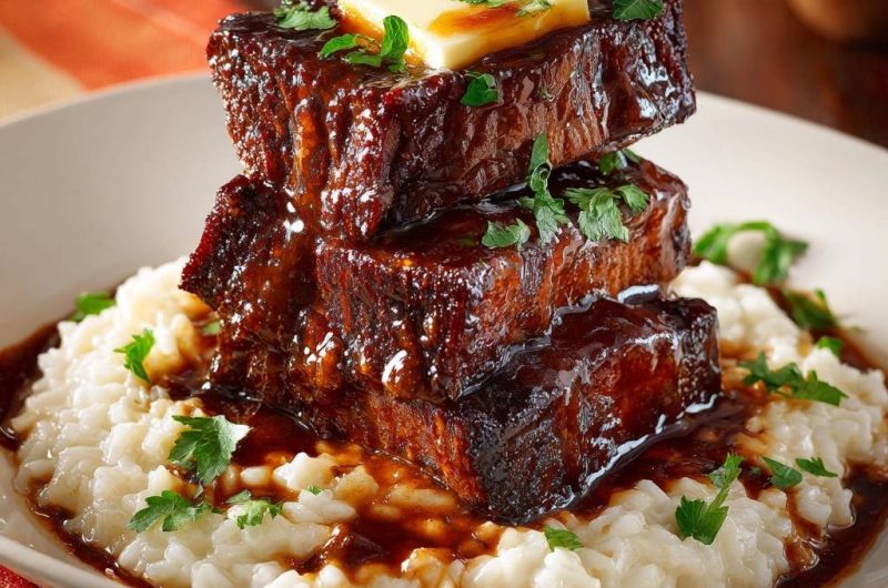 Saftige glasierte Rinderrippen auf cremigem Reis