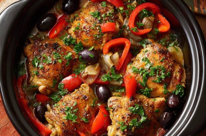 Saftiges Hähnchen mit Paprika, Oliven und Zwiebeln