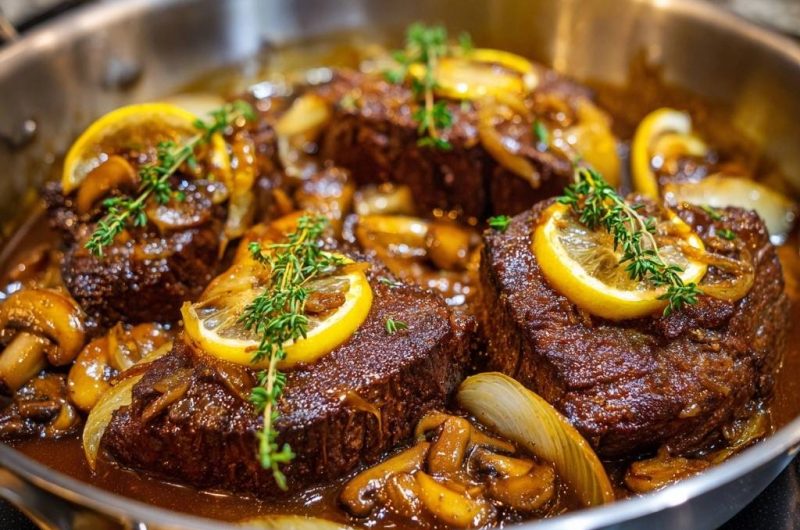 Saftiges Rindfleisch mit Champignons, Zwiebeln und Zitronen-Thymian