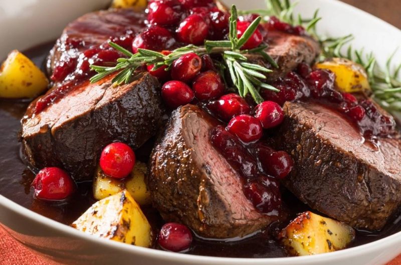 Saftiges Rindfleisch mit Preiselbeersoße und Rosmarinkartoffeln