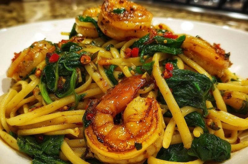 Scharfe Garnelen-Spinat-Spaghetti