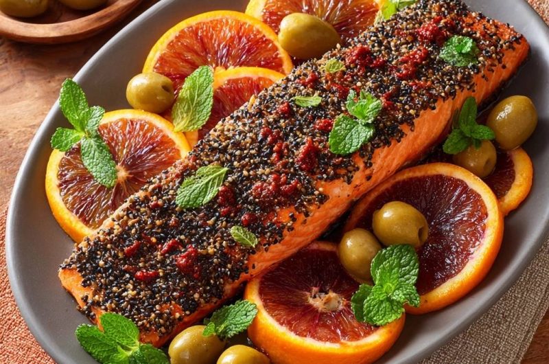 Sesamkrusten-Lachs mit Blutorange & Oliven