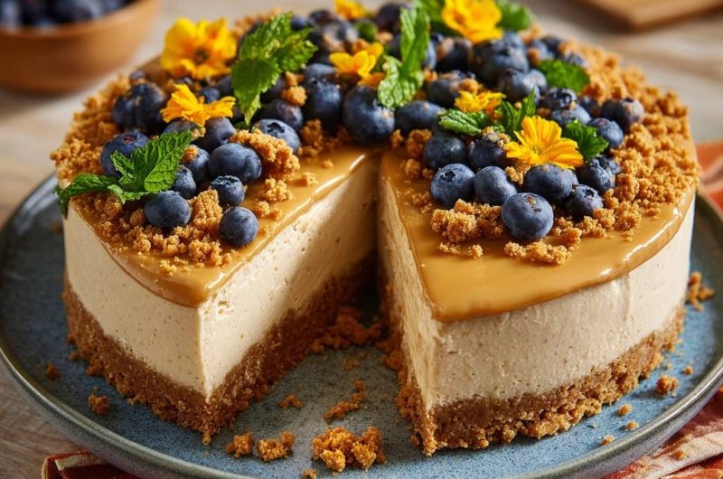 Spekuloos-Blaubeer-Karamell-Cheesecake (Die todsichere Aufgeh-Technik)