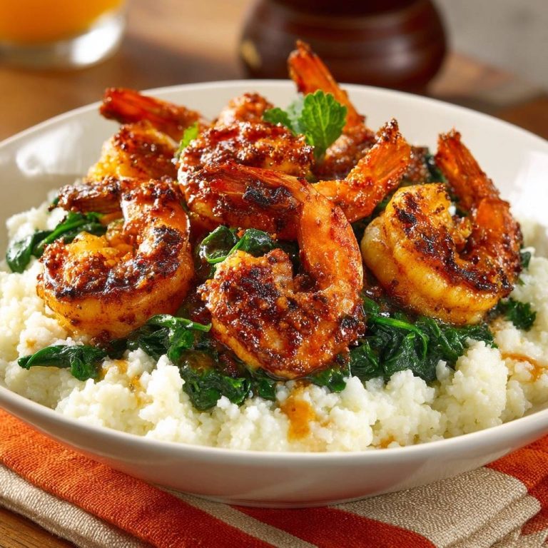 Würzige Garnelen mit Spinat auf Blumenkohlreis – Saftig & Low-Carb