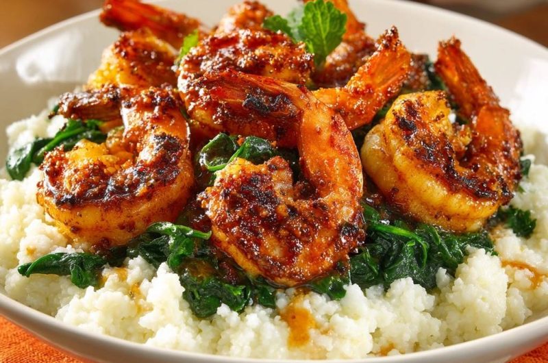 Würzige Garnelen mit Spinat auf Blumenkohlreis