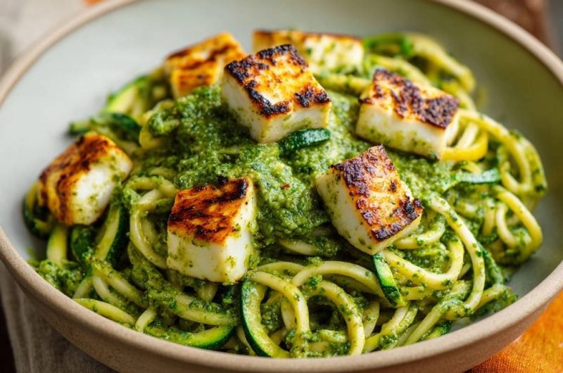 Zucchini-Nudeln mit Pesto und knusprigem Feta