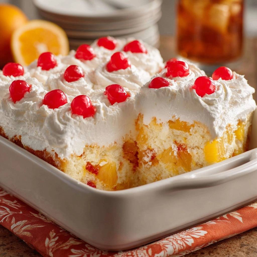 Ananas-Kirsch-Sahne-Kuchen angeschnitten, zeigt saftige Fruchtstücke und luftige Sahnehaube mit Kirschen.
