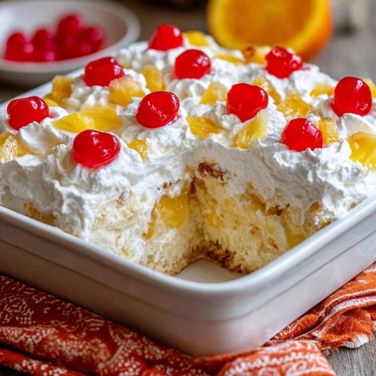 Ananas-Kirsch-Sahne-Kuchen angeschnitten, zeigt saftige Füllung mit Sahnehaube und Kirschen.