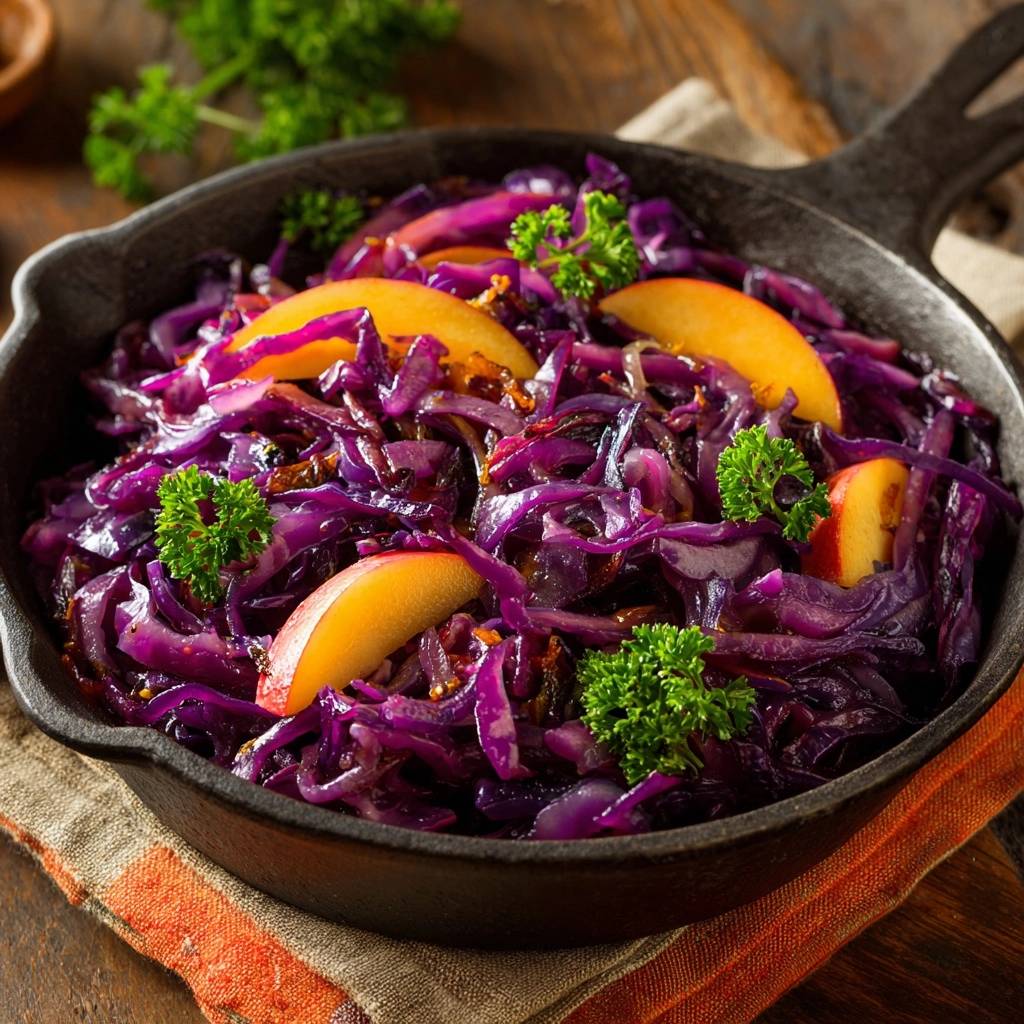 Saftiger Apfel-Rotkohl im Gusseisen, mit Apfelscheiben und Petersilie garniert, serviert auf einem rustikalen Holzuntergrund.