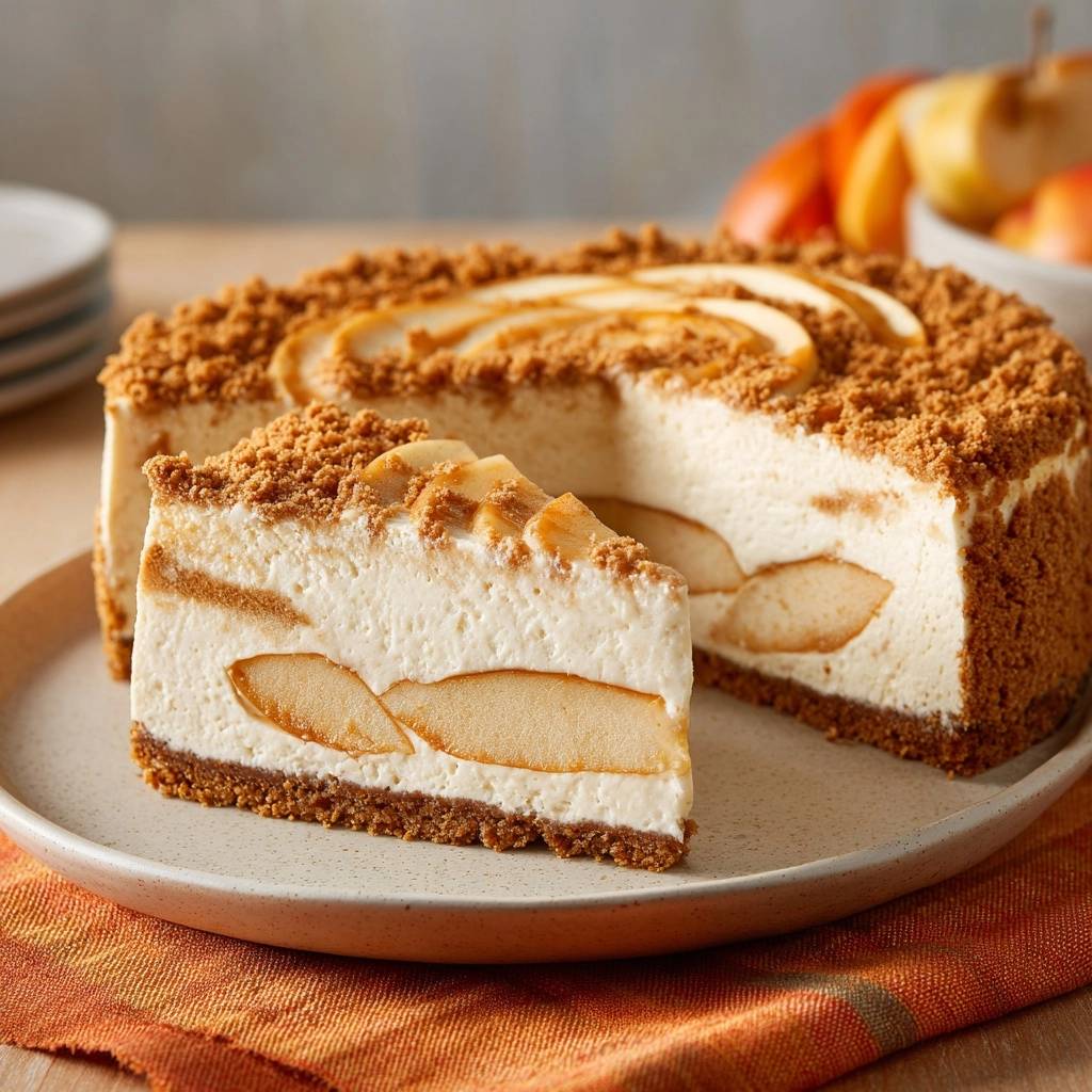 Apfel-Streusel-Cheesecake angeschnitten mit einem Stück auf einem Teller, das die Schichten und Äpfel zeigt.