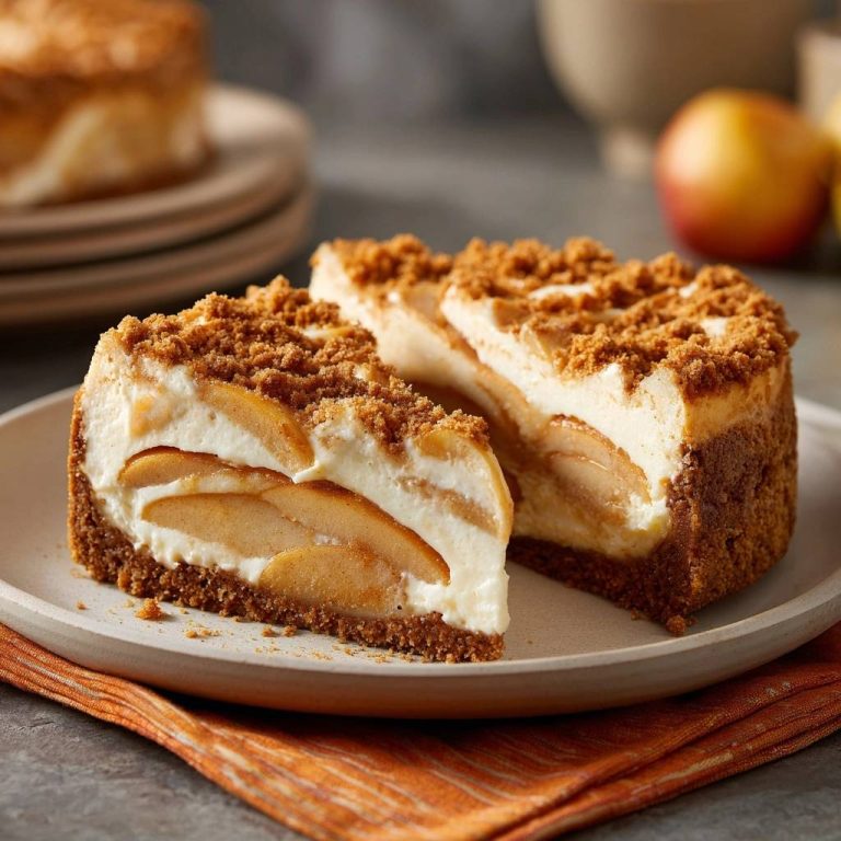 Apfel-Streusel-Cheesecake angeschnitten auf einem Teller, mit sichtbaren Apfelscheiben und Streuseln.