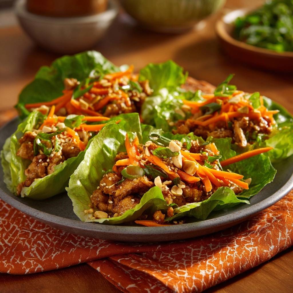 Asiatische Hackfleisch-Salat-Wraps mit Möhren und Erdnüssen, nah aufgenommen und garniert mit Frühlingszwiebeln und Sesam.