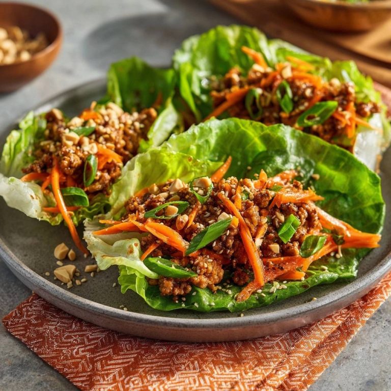 Asiatische Hackfleisch-Salat-Wraps, nahaufnahme von einem servierten Wrap mit Hackfleisch, Karotten und Frühlingszwiebeln auf einem Teller.