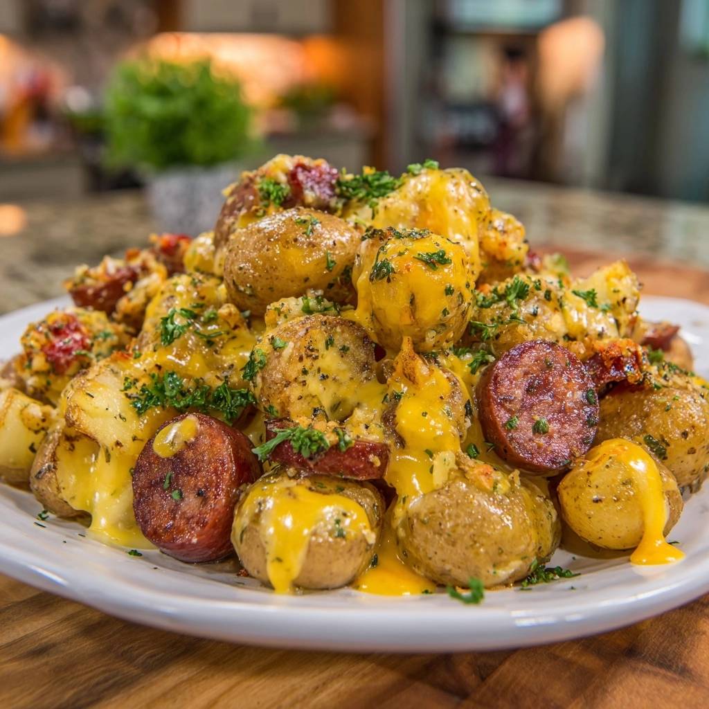 Beladene Babykartoffeln mit Chorizo und Käse, auf einem Teller serviert und mit frischer Petersilie garniert.