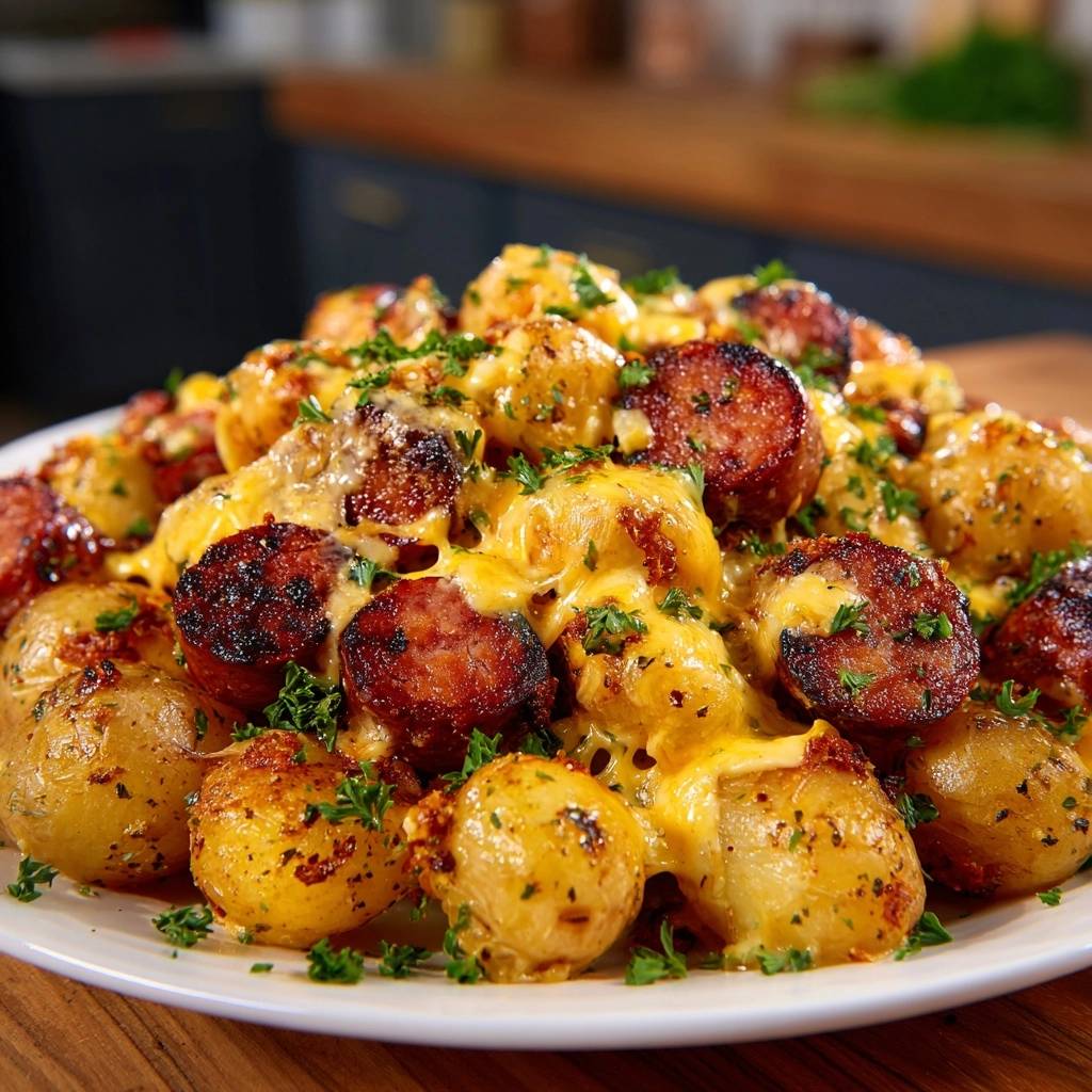 Beladene Babykartoffeln mit Chorizo und Käse, eine Nahaufnahme mit geschmolzenem Käse und gehackter Petersilie garniert.